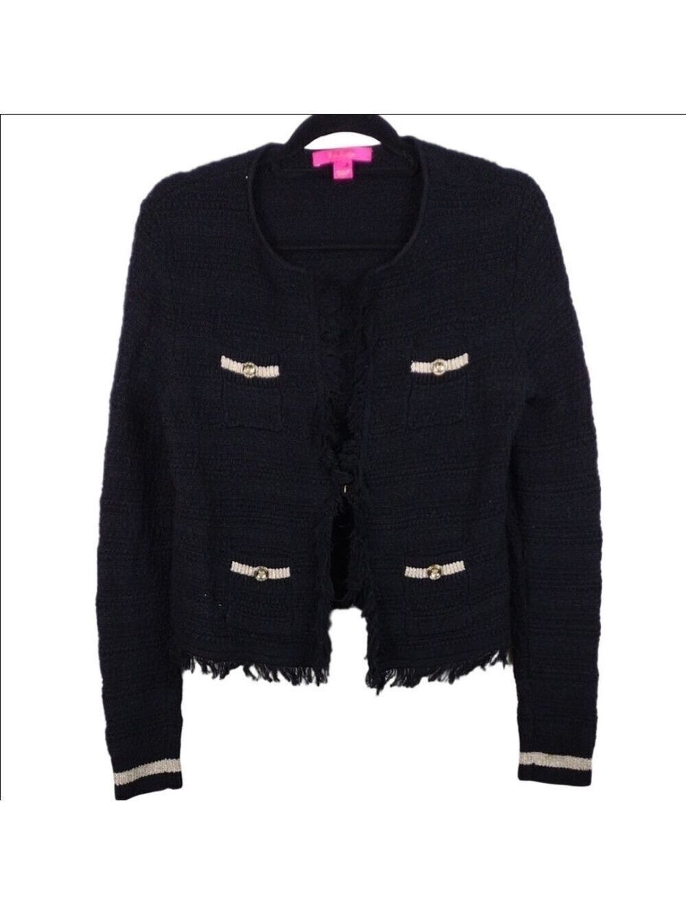 Lilly Pulitzer Black Gold Metallic Textured Knit One Clasp Front Cardigan Jacket